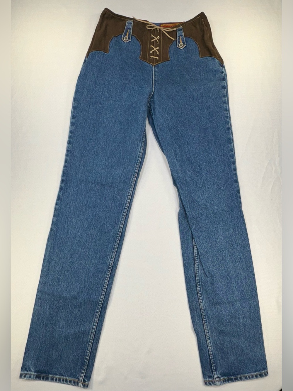 Lawman Western Jeans Sz 7 Lace Up Fly Pleather Inserts Bare Back High Rise Vtg